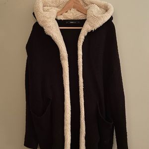 Zara Long Black Faux Fur Trim Coat